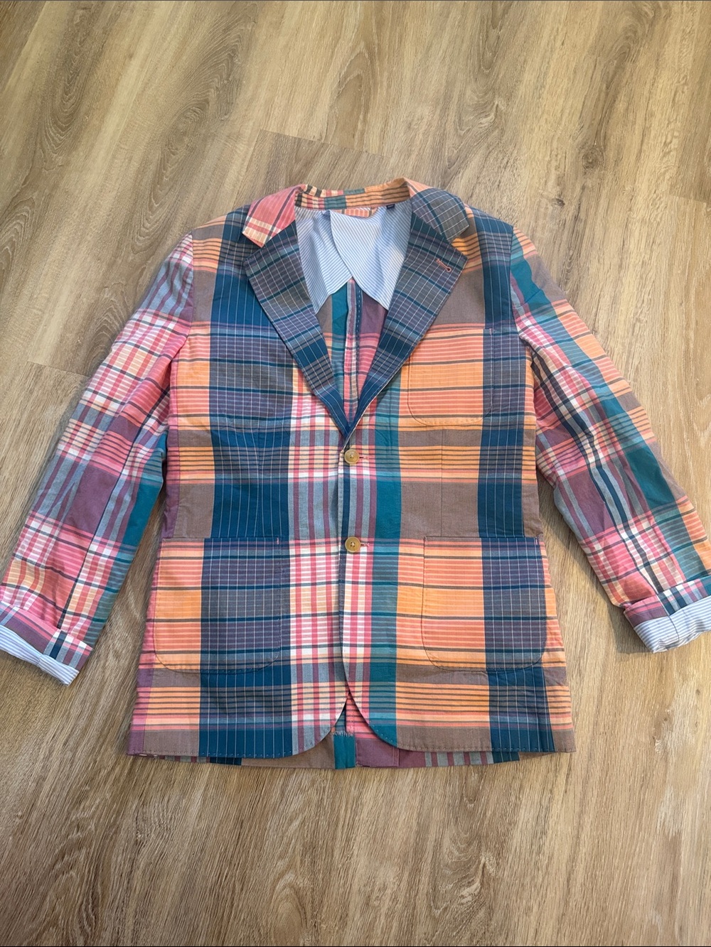 Vineyard Vines kids Plaid Sport Coat in Orange, blue & salmon